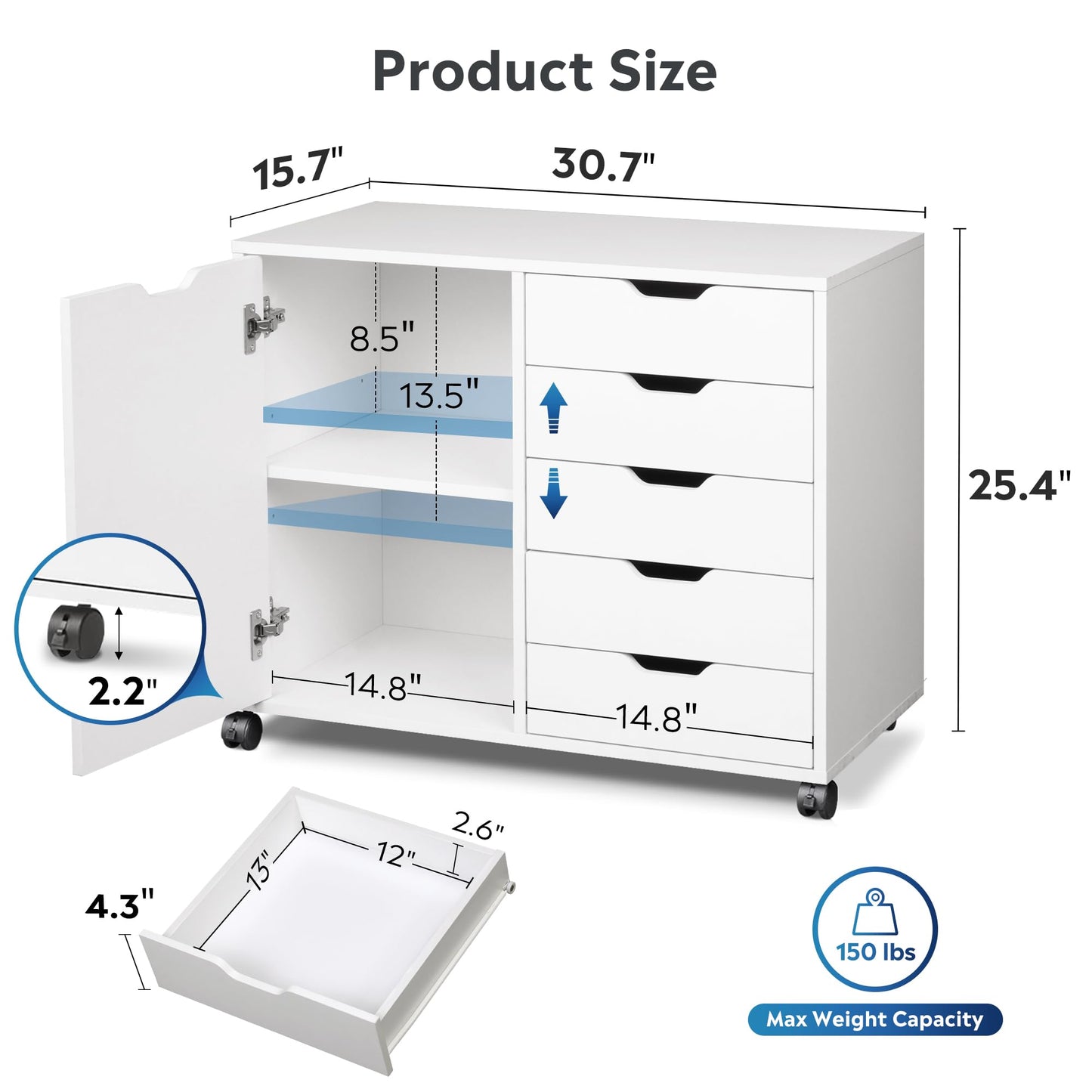 DEVAISE 5-Drawer Wood Drawer Cabinet, Office Storage Cabinet with Adjustable Shelf & Wheels, Printer Stand for Home Office, White