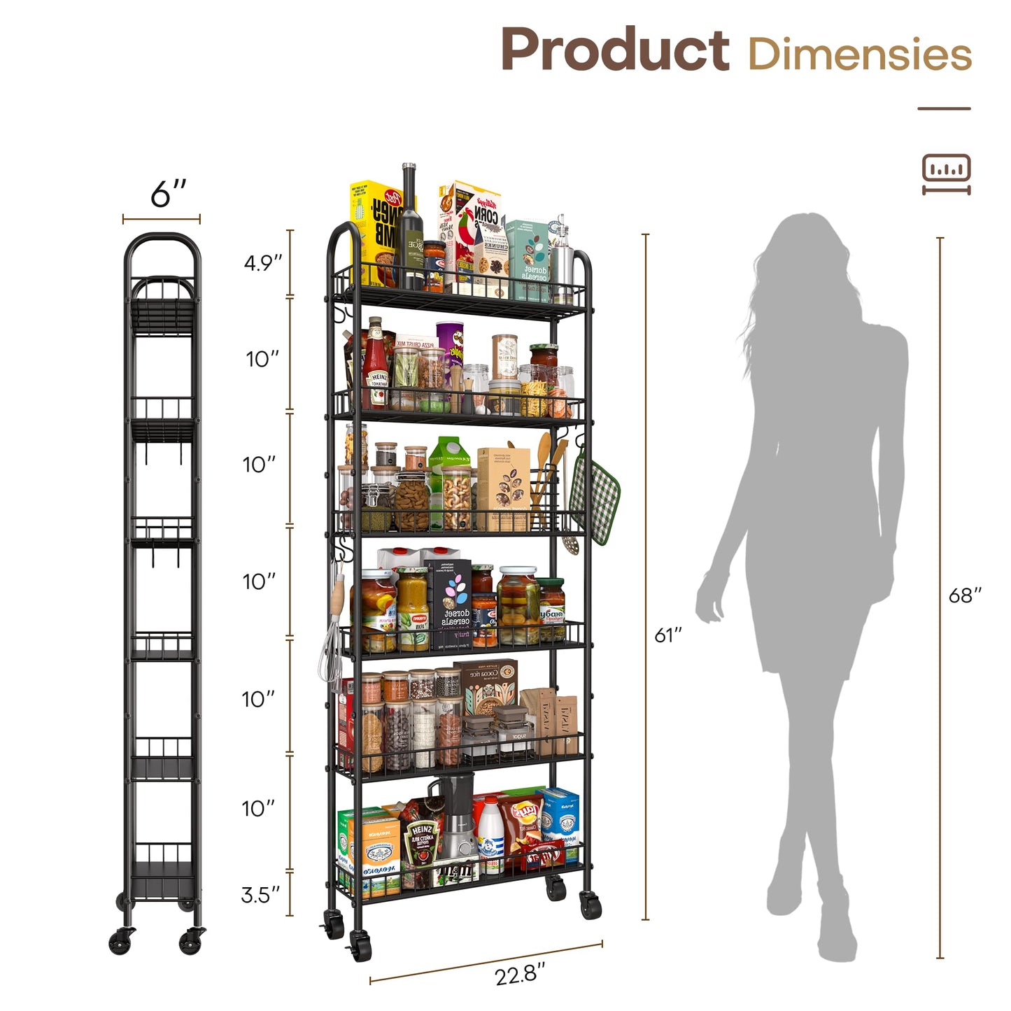 Qiaoxuan Slim Rolling Storage Cart with Wheels, Metal 6 Tier Spice Rack Mobile Shelving Unit Organizer Kitchen Utility Cart for Office Bathroom Kitchen Laundry Room Narrow Places (6inches)