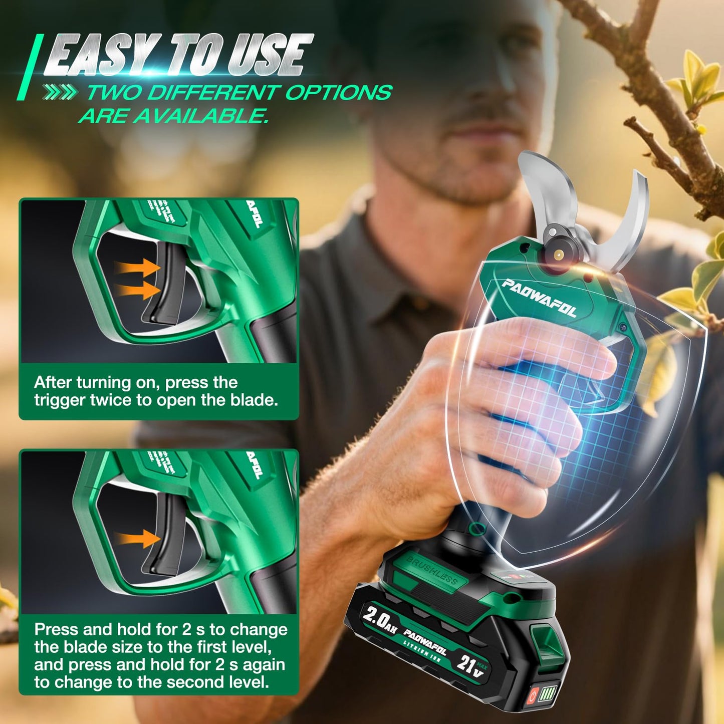 Electric Pruning Shears, 1.6" (41mm) Cutting Diameter Cordless Electric Scissors with LCD Display, 21V Brushless Motor Branch Cutter with 2 PCS Rechargeable 2000mAh Batteries & 2 Blades (Green)