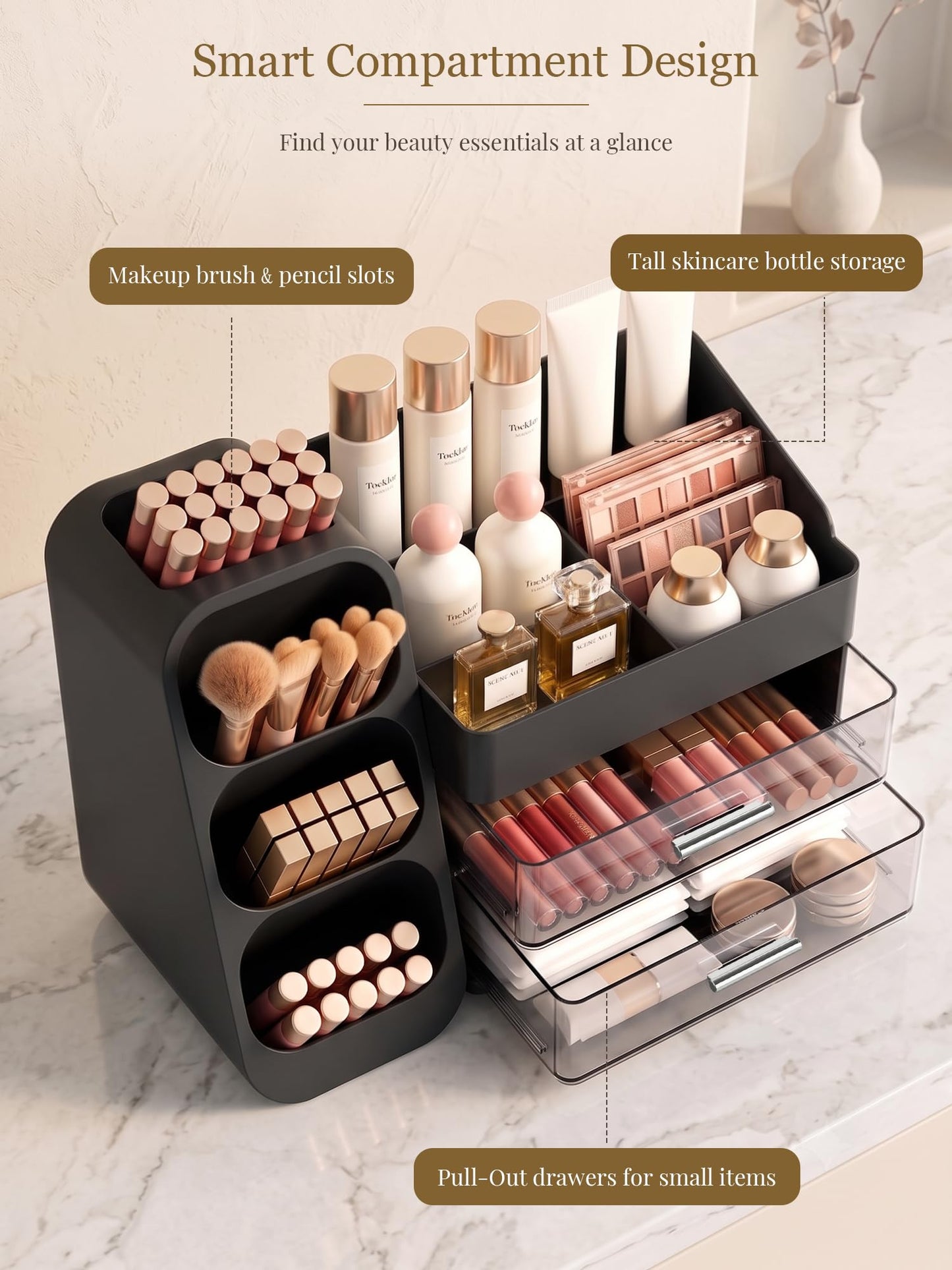 Booklov Large Makeup Organizer for Vanity Countertop, Black