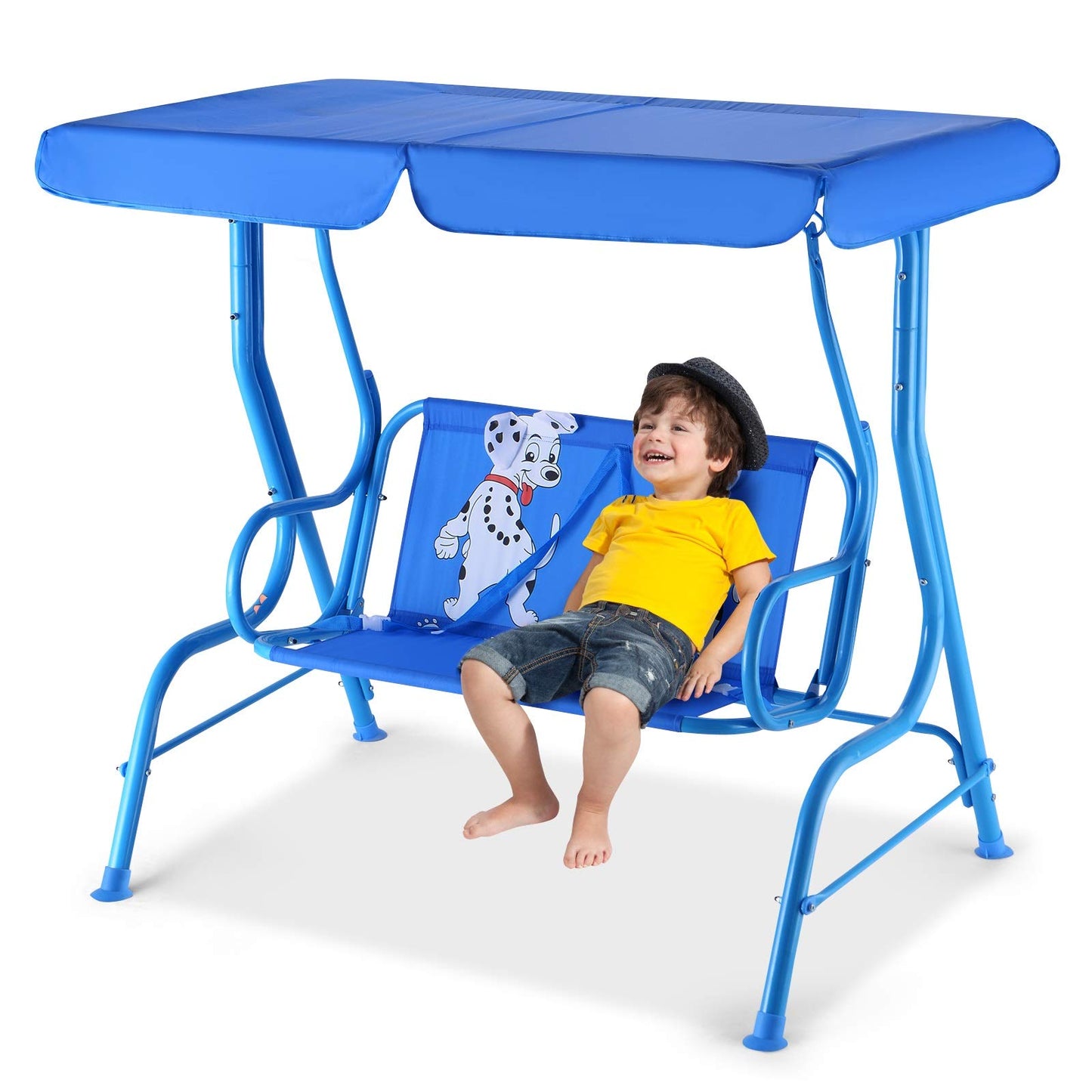 Happygrill Mini Patio Swing 2 Seats Porch Swing with Safety Belt Outdoor Lounge Chair Hammock with Canopy for Kids, Blue