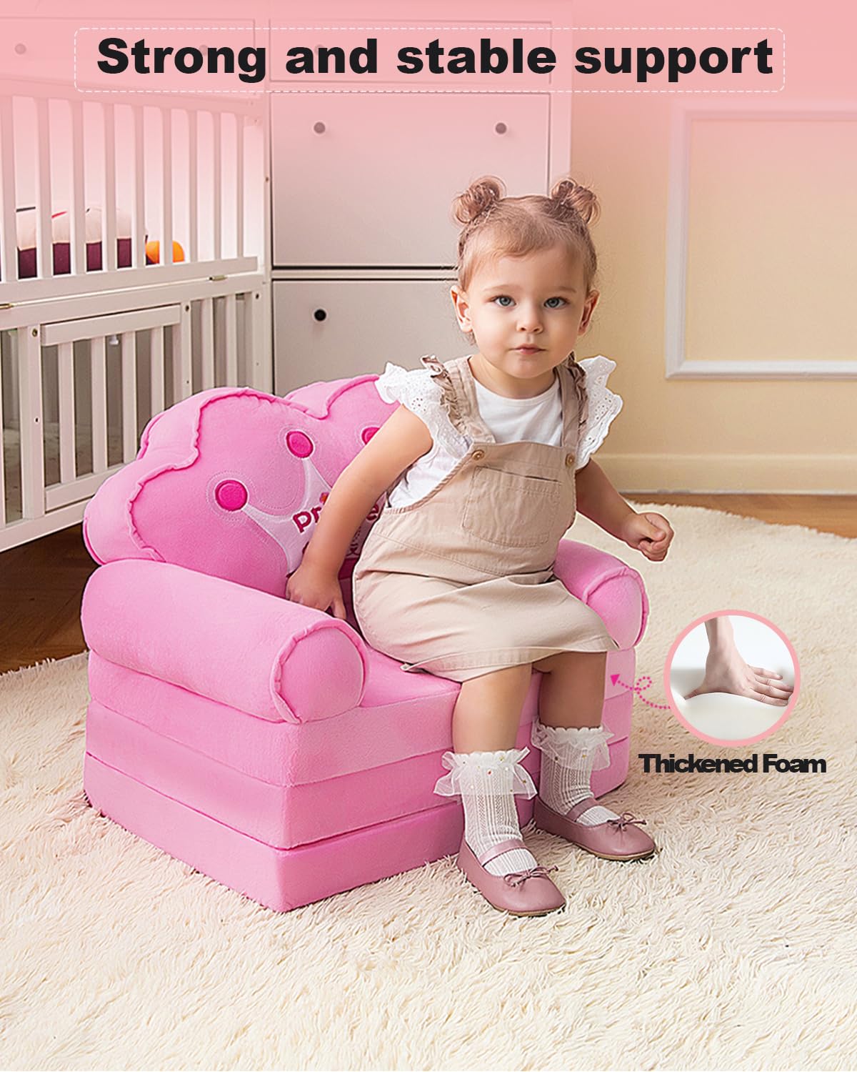 MOONBEEKI Kids Couch Fold Out, Foldable Princess Chair for Toddlers 1-3, Kids Furniture for Playroom, Gift for Birthday Christmas and Halloween（Pink）