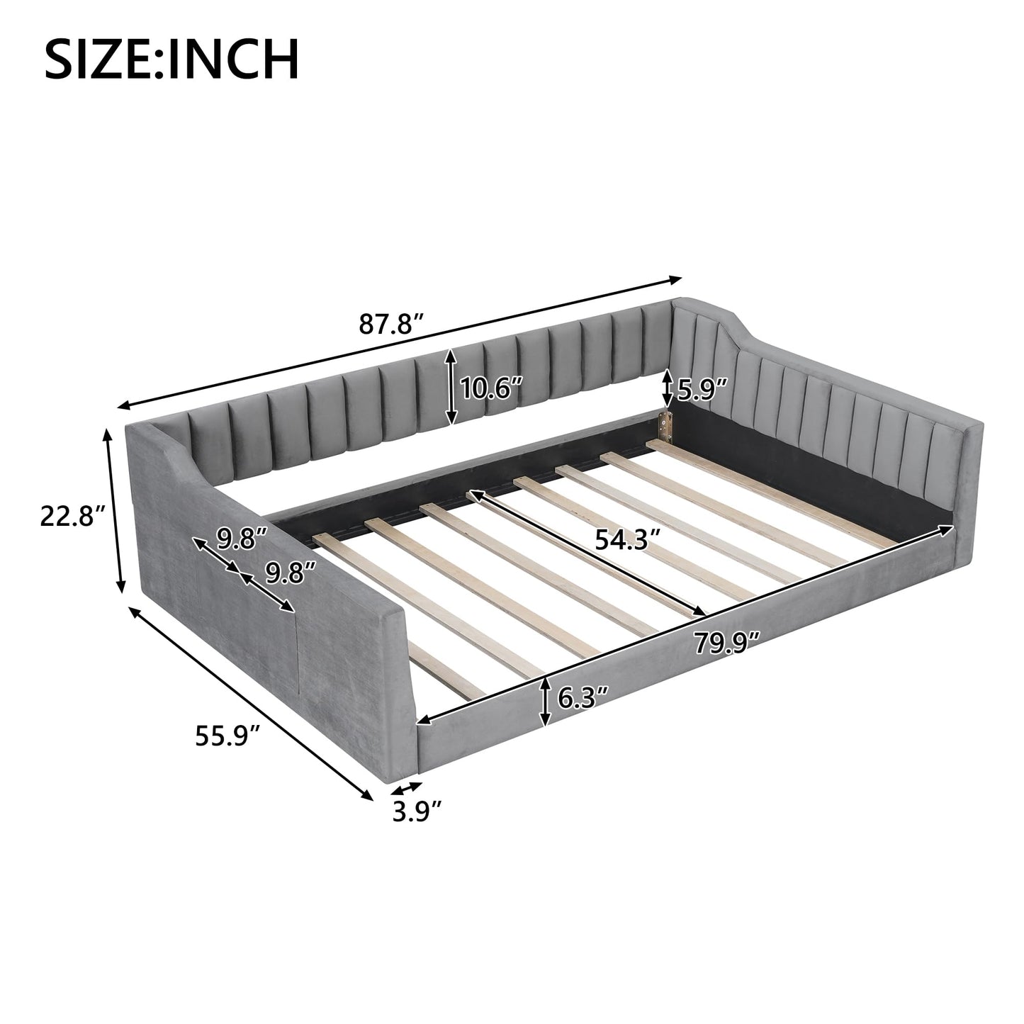 Ball & Cast Full XL Size Daybed, Upholstery Day Bed Frame with Channel Tufted Backrest and Armrest, Floor Bed with Side Pockets,Solid Wood Slat Support, No Box Spring Needed,Gray