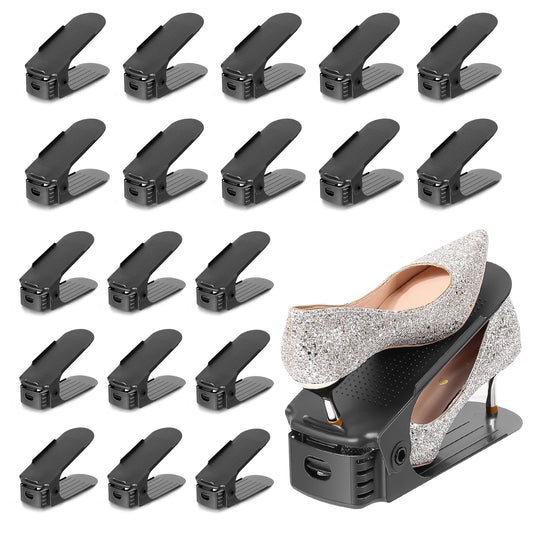 TOPNEW 20 Pack Shoe Slots Organizer Shoe Stacker for a Pair of Shoes 4 Levels Adjustable 50% Shoe Space Saver Double Layer Shoe Rack Organizer for Closet (Black)