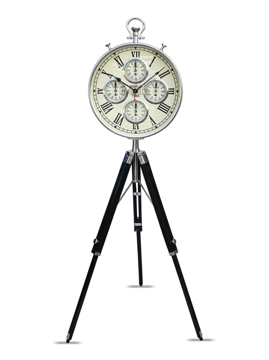 Vintage Tripod Floor Standing World Time Clock – Roman Numerals | Classic Metal Design | Home & Office Decor