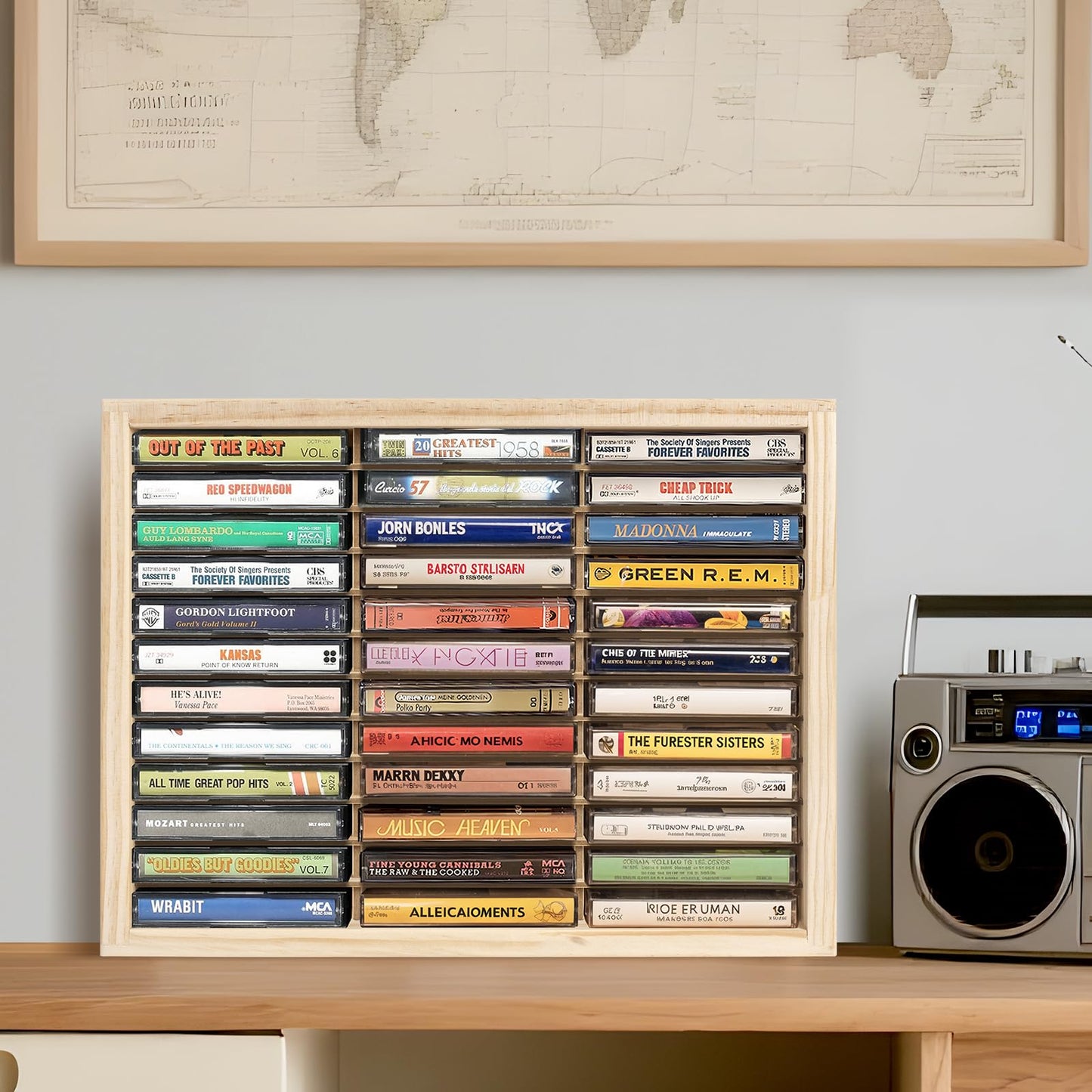 Waratah Designs Cassette Tape Storage Rack, 36-slot Wood Cassette Tape Holder, Wall Mount or Freestanding Audio Cassette Organizer, Playing Card Storage, Unfinished Pine