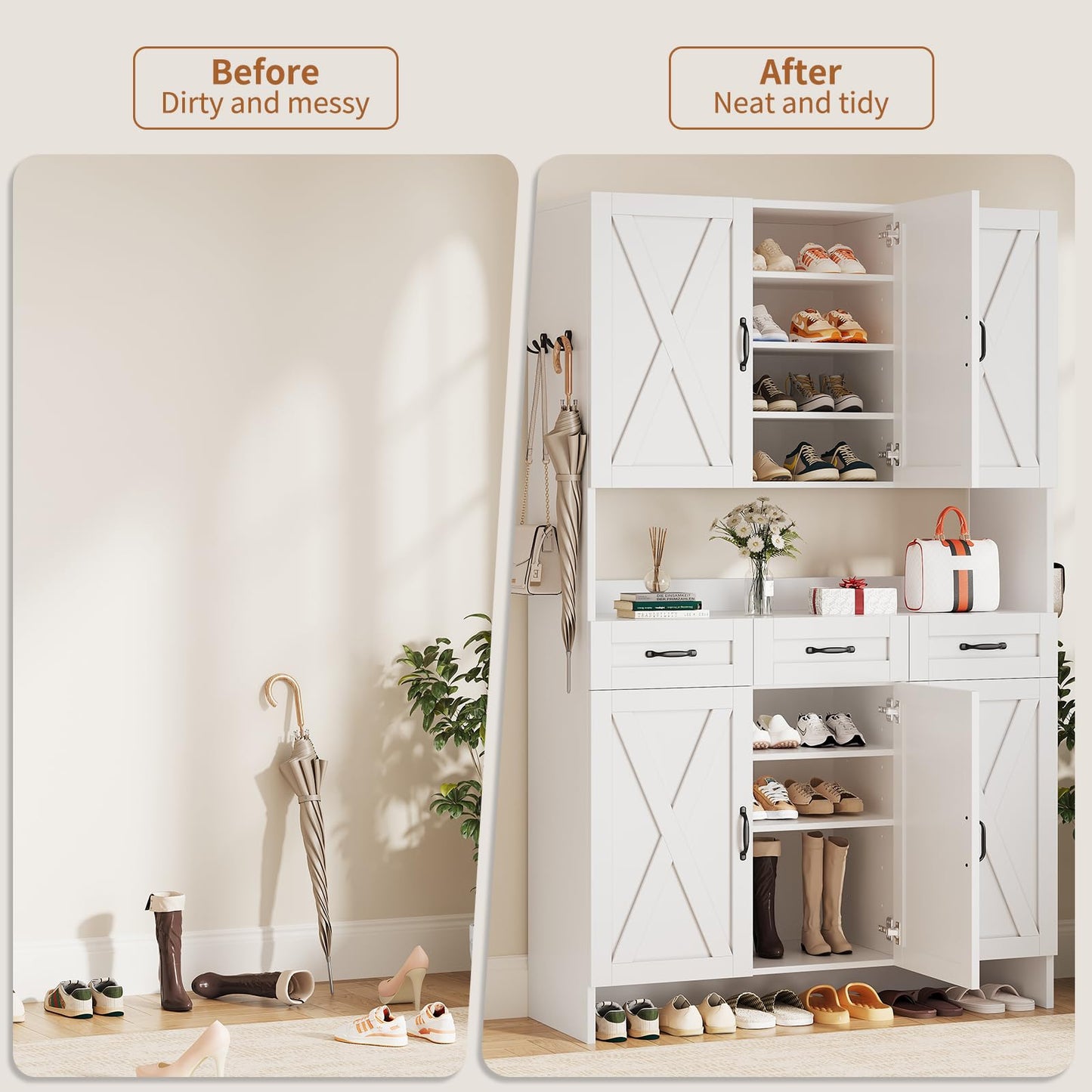 Tall Shoe Cabinet with 5 Tiers, 3 Drawers & 6 Barn Doors, Farmhouse Shoe Rack Organizer, Adjustable Shelves, Solid Wood Legs, White, for Entryway