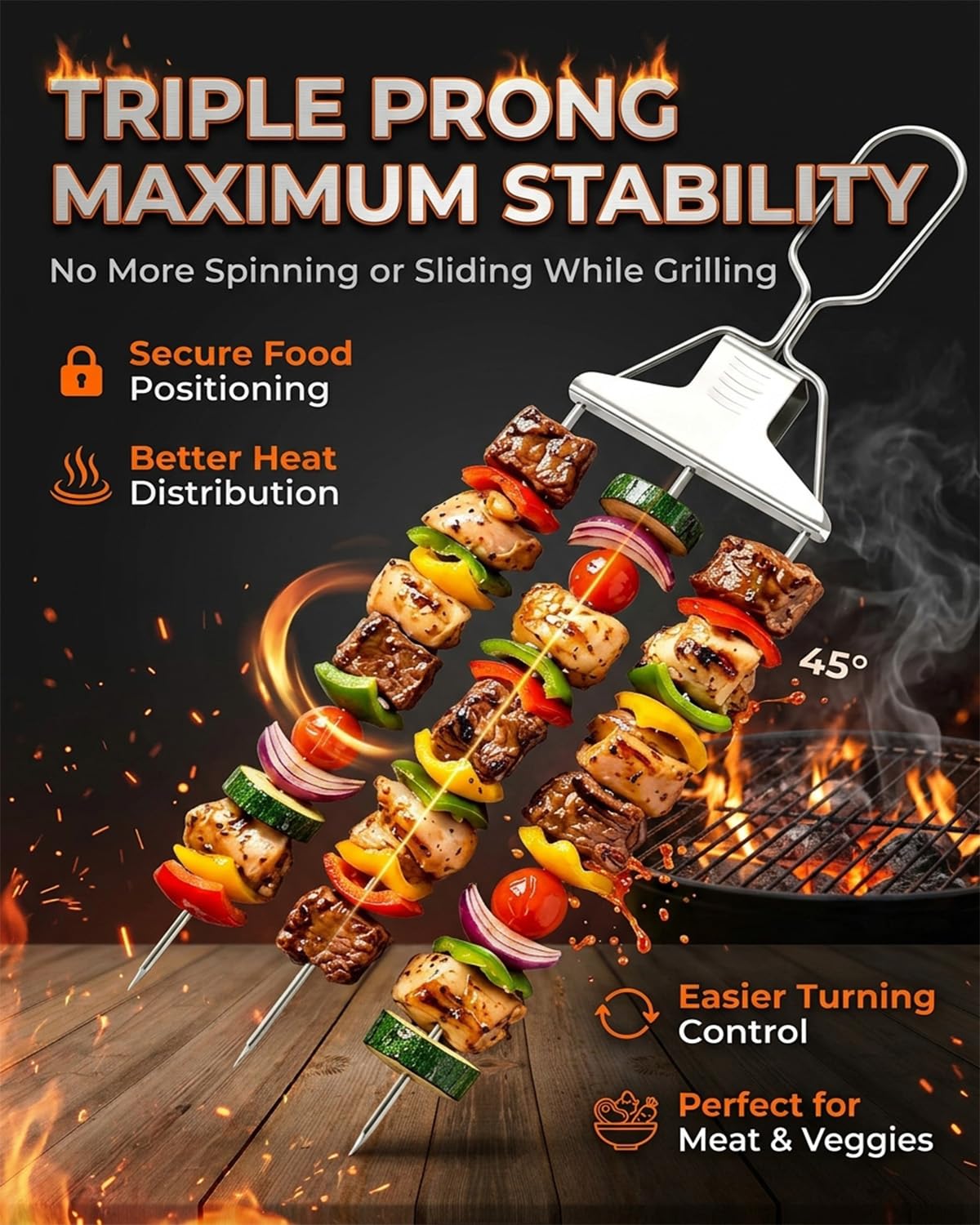 RZGBJYV 2PCS Skewers for Grilling Metal Kabobs Metal Kebab Barbecue Grill 3 Way Outdoor Grill Shish BBQ Stainless Steel Flat Chicken Shrimp 3 Prong Heavy Duty Vertical 14 Inch Adjustable Upright