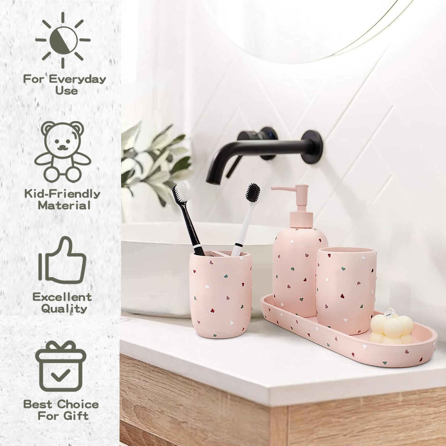 Bathroom Accessories Sets 4-Piece, Premium Pastel Heart Bathroom Accessory Complete Set - Toothbrush Holder, Lotion Soap Dispenser, Vanity Tray, Bathroom Tumbler for Countertop Vanity (Pink)
