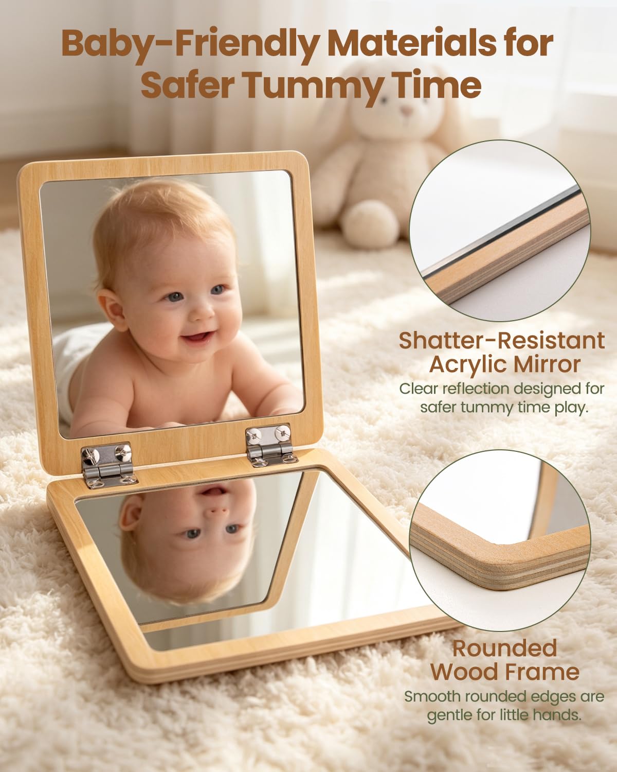 Brezlio Tummy Time Mirror for Baby 0-6 Months, 2-Sided Adjustable Montessori Baby Mirror with 20 Double-Sided High Contrast Cards, Foldable Baby Floor Mirror