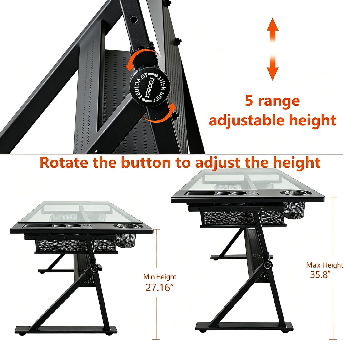 Drafting Table with Storage & Stool, Tempered Glass, 0-75° Lockable Angle, 27.16" to 35.82" Adjustable Height, 40.15" x 23.62'' Tabletop, 2 Drawers and Shelf, Tilted Writing Drawing Table, Black