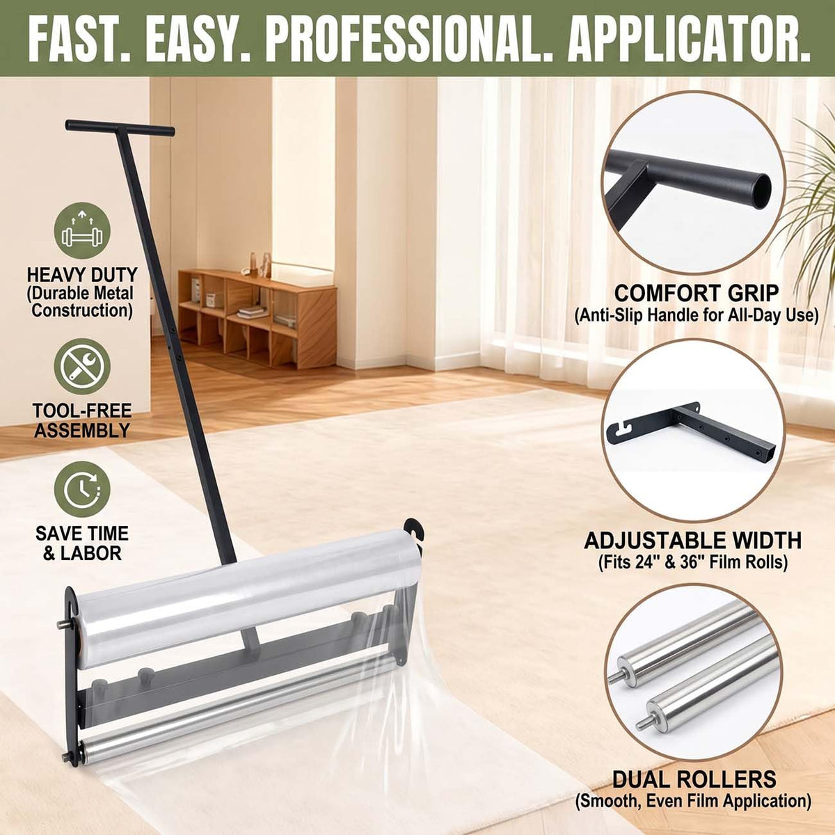 Carpet Protection Film Applicator, Dual Rollers, Quick Change, ADJ 24"&36"W