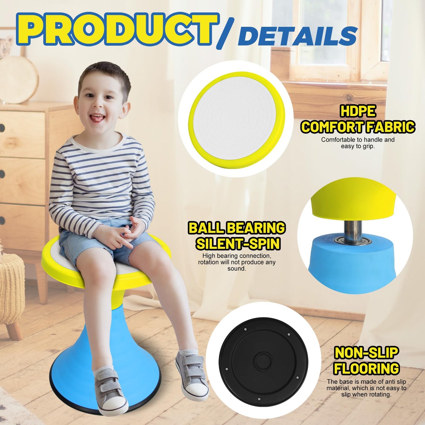 AOBOTE Kids Wobble Swivel Stool, 15.7" Height Wiggle Stool for Ages 6+, 360° Rotatable Active Learning Chair, Flexible Seating for Classroom & Home, Improves Posture & Focus, Blue