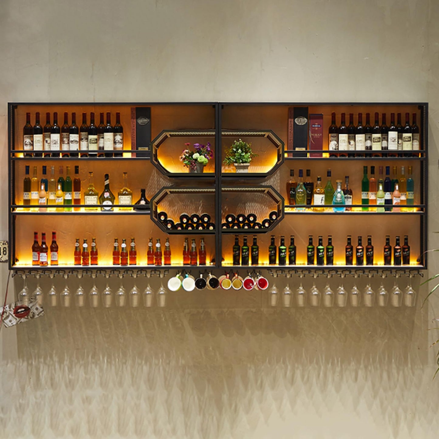 Dawselod 78.7in Large Wall Mounted Wine Rack with LED Light,4-Tiers Liquor Bottles Floating Shelves Display Storage Organizer for Home Bar & Dining Room Decorative (78.7" W x 9.8" D x49.2 H)