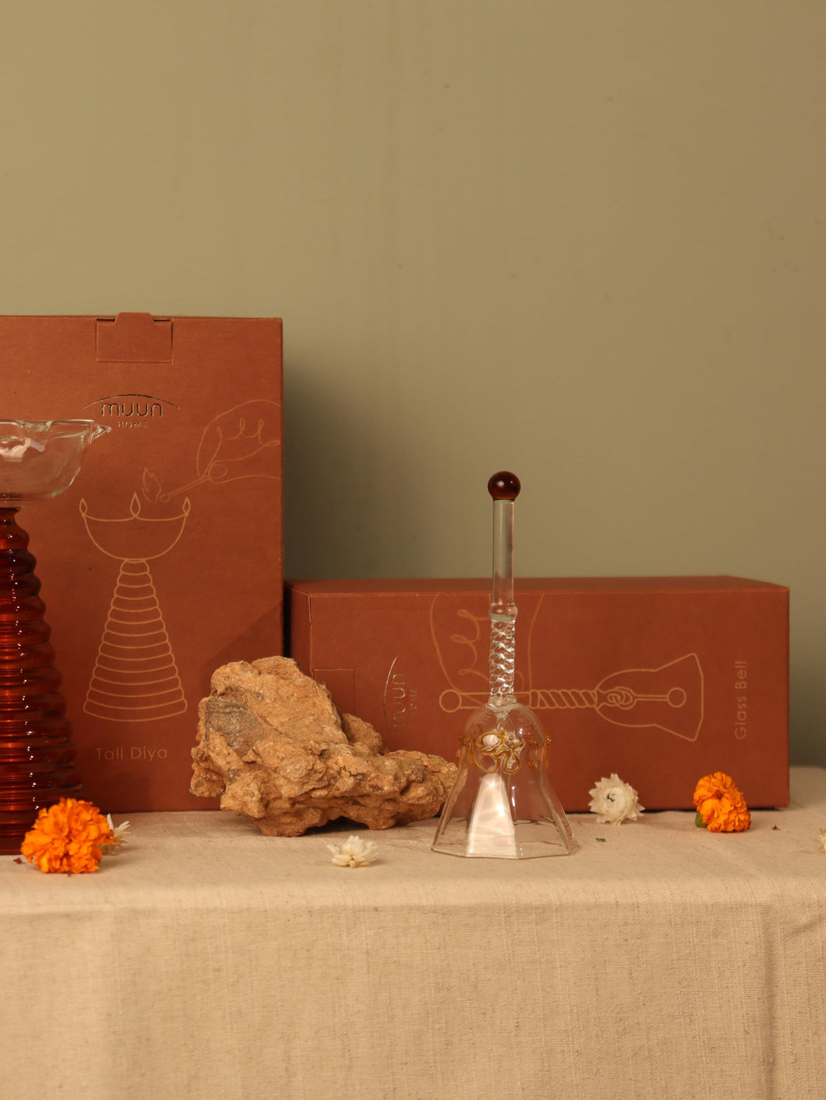 Glass Ringing Bell for Pooja & Mandir | Decorative Temple Bell for Home Decor, Housewarming, Wedding & Festive Gift (Amber)