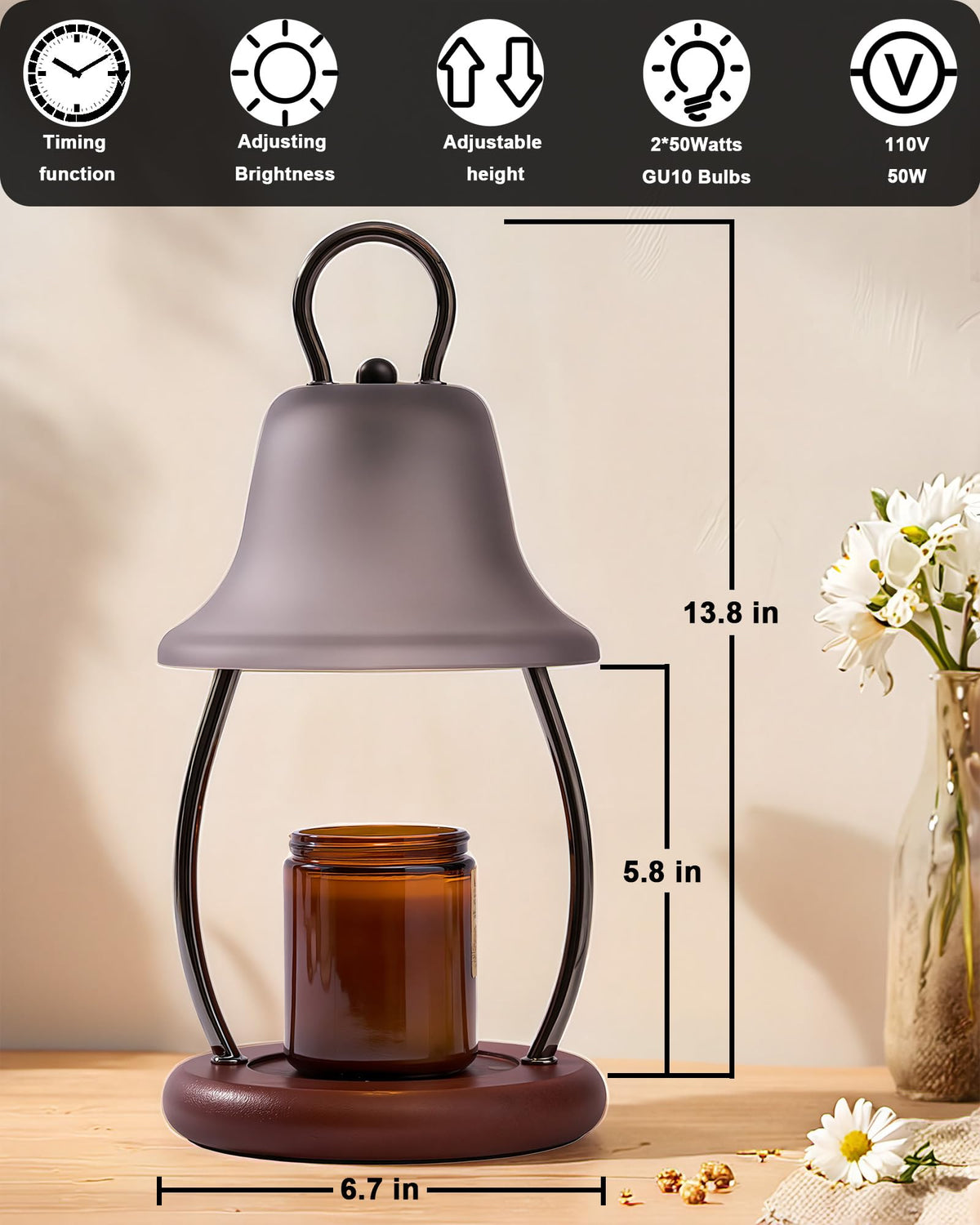 HONGZZI Candle Warmer Lamp with Timer, Dimmable, Adjustable Height, Black