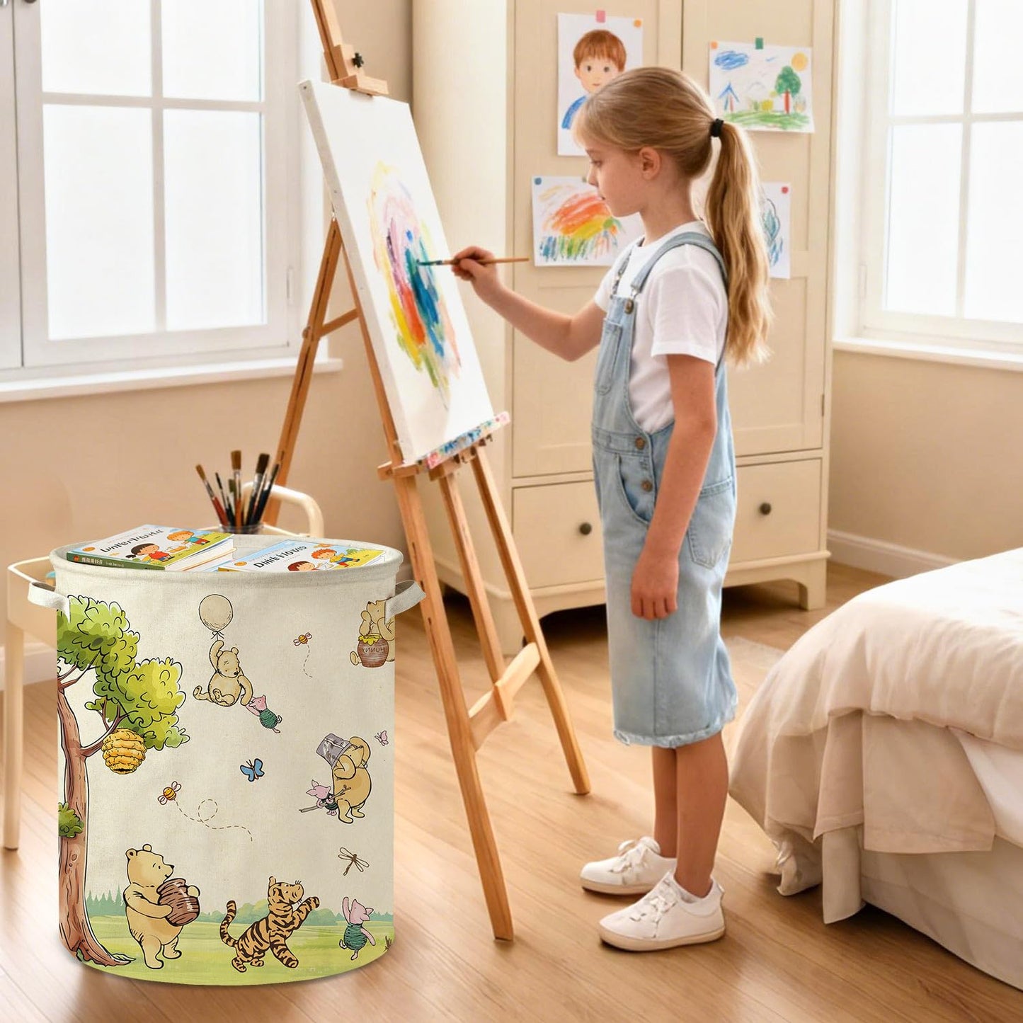 Oval Classic Winnie Bear Baby Laundry Basket Hamper for Nursery, Neutral Vintage Winnie Baby Stuff Waterproof Storage Basket Canvas Clothes Hamper