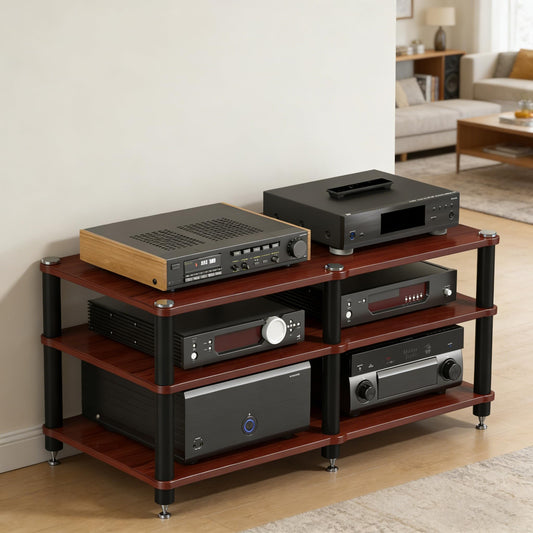 RAJYQODIS Heavy Duty AV Media Stand, Multifunctional Stacking Audio Component Rack with Shock-Absorbing Foot pegs, Audio Stand for Home Theater Studio (Teak, Third Floor)