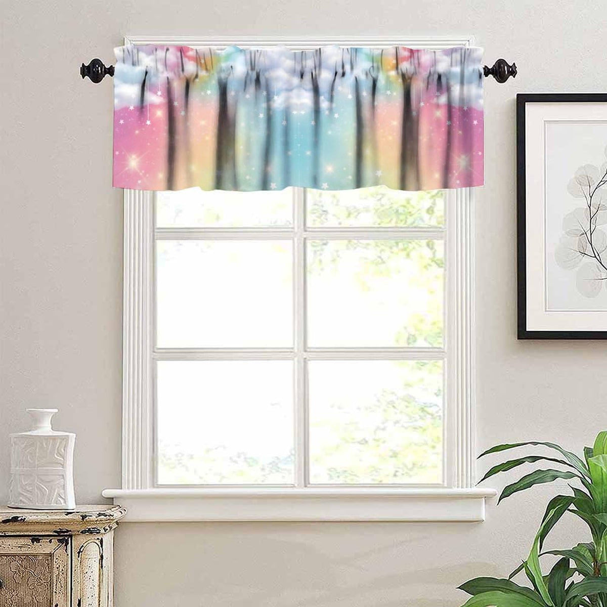 TFOSO Rainbow Valance Curtains,Kids Girls Cute Colorful Clouds Pastel Starry Sky Stars Aesthetic Short Drape for Living Room Cafe Restaurant Window Treatment 1 Panel 54" W x 18" L Inch