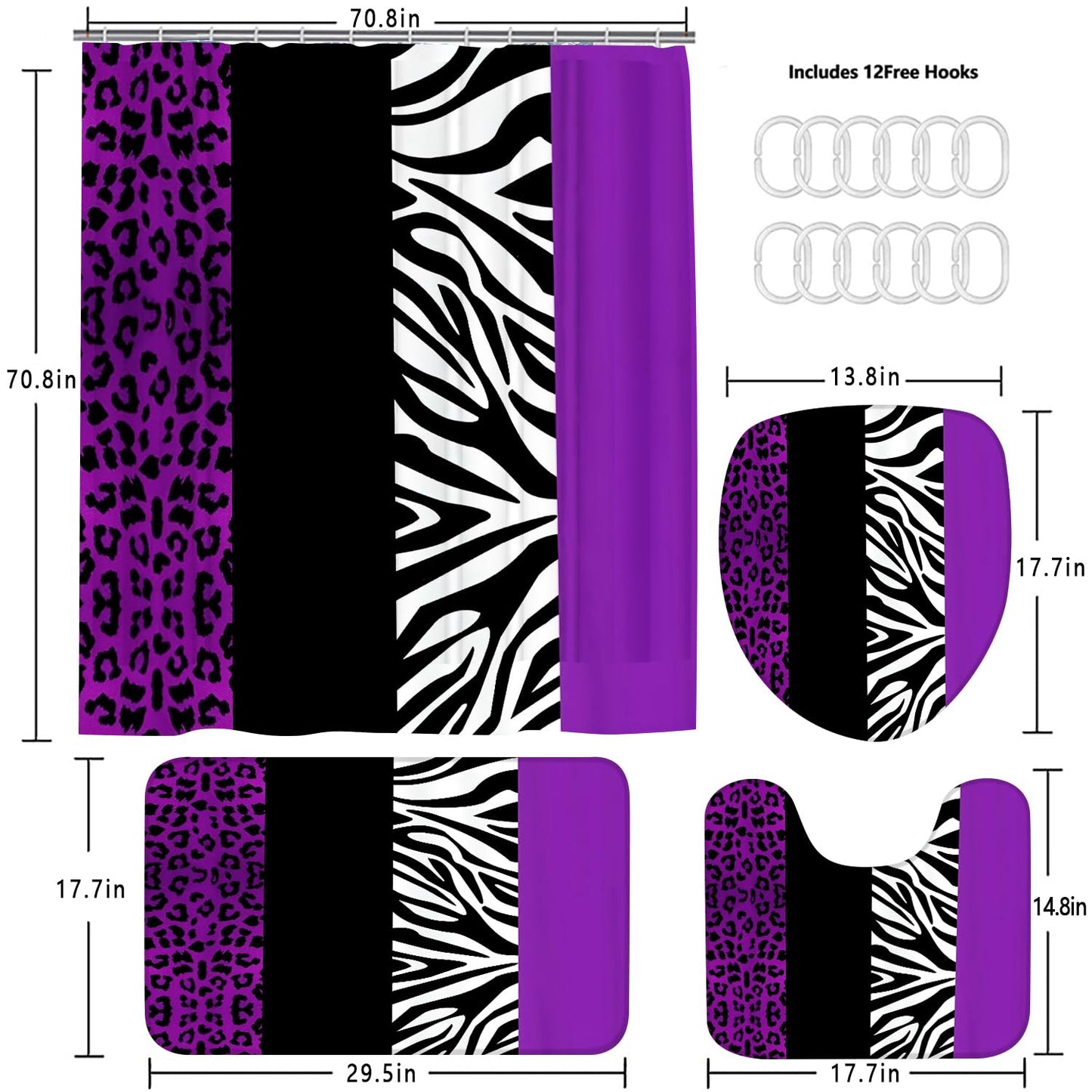 jieprom 4PCS Leopard Print Shower Curtain Set with Rug, Toilet Lid Cover and Bath Mat, Purple Black Splice Shower Curtain with 12 Hooks, Shower Curtain for Bathroom Decor Set