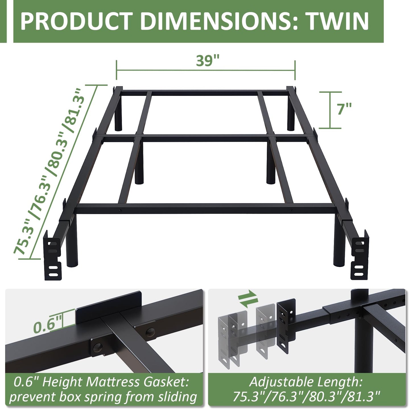 Mashomdec Twin Metal Bed Frame, 7 Inch Low Heavy Duty Platform Bed Frames Twin Size for Box Spring and Mattress, Easy Assembly, Noise-Free, Adjustable, Black