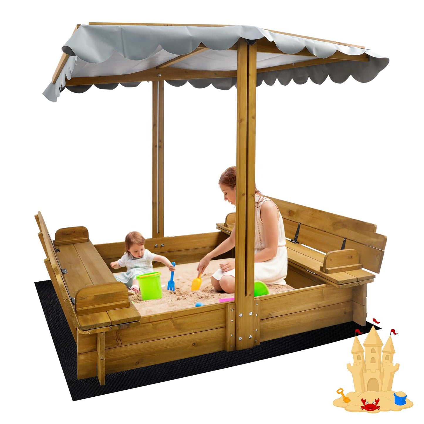 Kids Sandbox with Lid, Wooden Sand Box with Cover Outdoor, UV-Protection & Natural Wood, Foldable Bench Seat, Adjustable Canopy, Sand Box for Kids Ages 2-8（47x47in）
