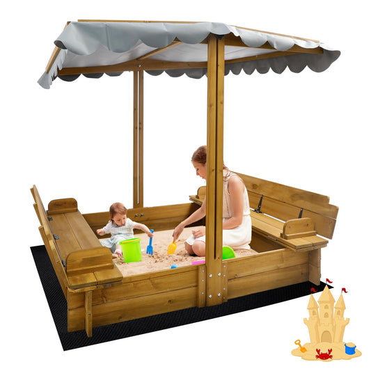 Kids Sandbox with Lid, Wooden Sand Box with Cover Outdoor, UV-Protection & Natural Wood, Foldable Bench Seat, Adjustable Canopy, Sand Box for Kids Ages 2-8（47x47in）
