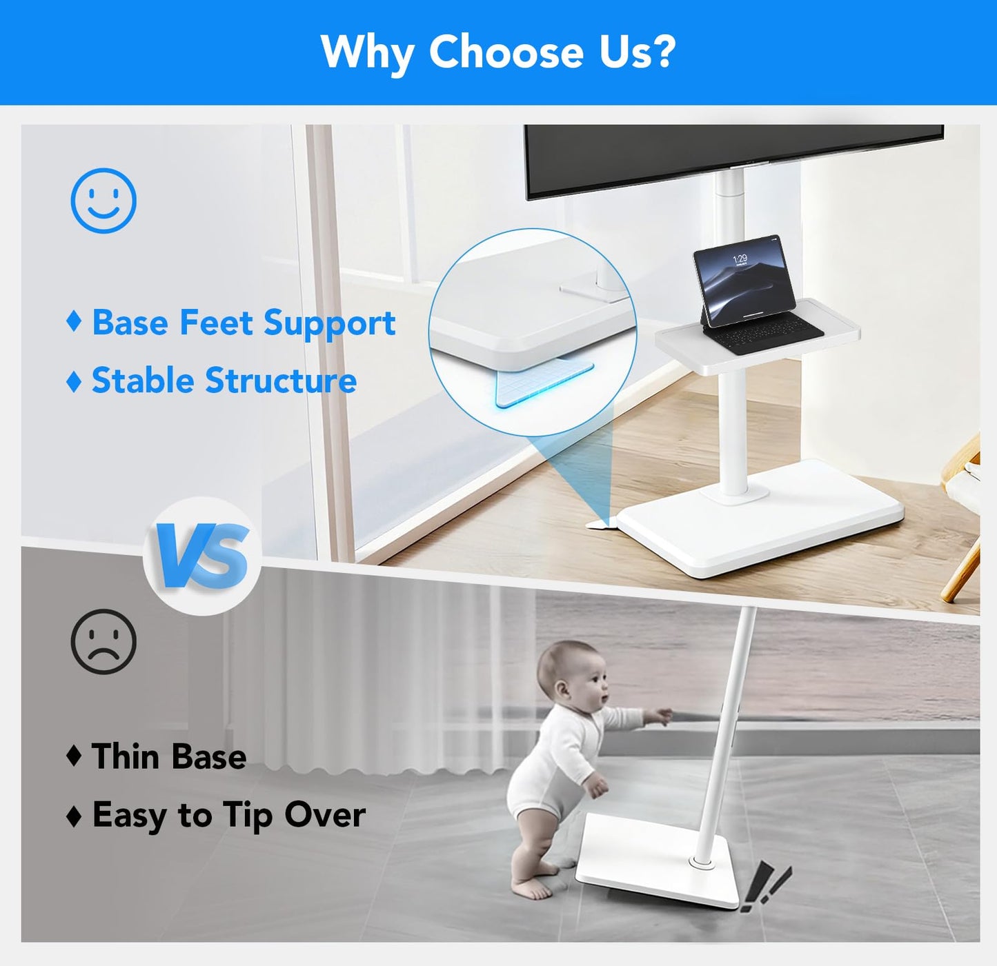 AX WABER Floor TV Stand with Mount for 26-55 inch TVs up to 77 lbs, Height Adjustable Swivel Tilt TV Stand with Wood Base & Shelf, Saving Space Design for Bedroom, Living Room and Corner, White