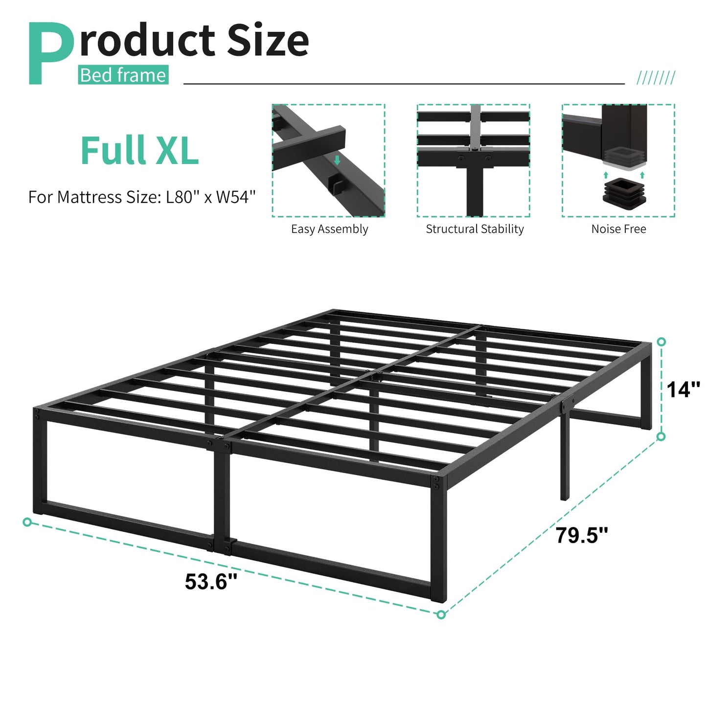 Lutown-Teen 14 Inch Full XL Size Bed Frame No Box Spring Needed, Heavy Duty XL Full Metal Platform Beds with Sturdy Steal Slats for Mattress Foundation, Easy Assembly, Noise Free, Black