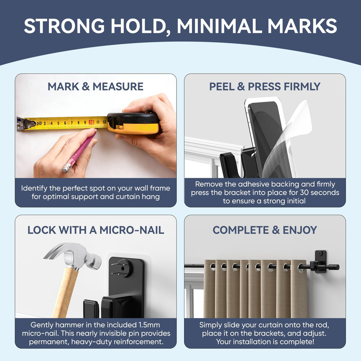 PeSenp 2.0 Upgraded No-Drill Curtain Rod for Windows 48 to 84 inches – Renter-Friendly Adhesive & Pin-Nail Mount, 5/8" Black Adjustable Rod, Minimal Wall Damage