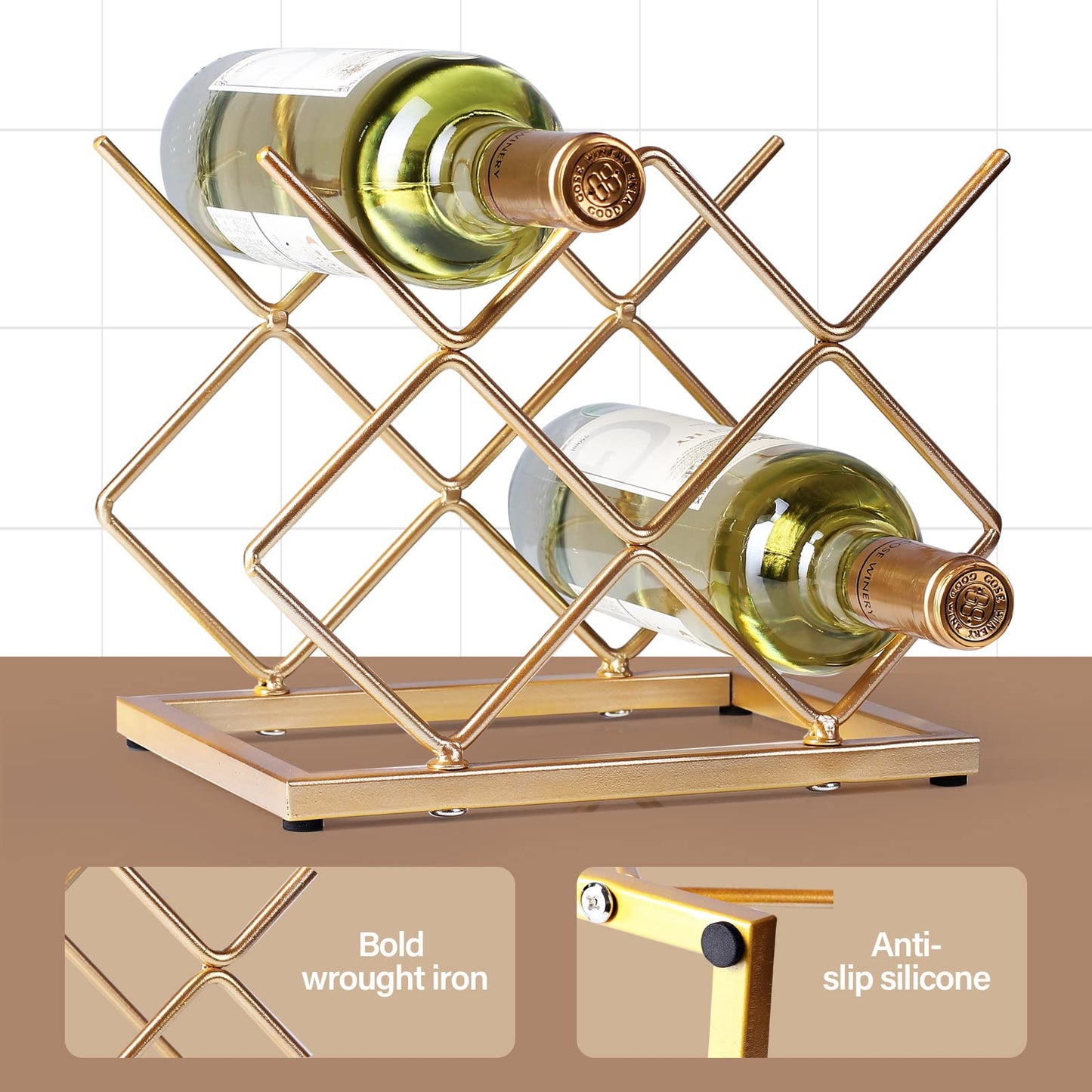 Drincarier Countertop Wine Rack - 5 Bottle Freestanding Modern Gold Metal Small Wine Rack - Tabletop Wine Holder Stand for Cabinet, Pantry, Wine Bottle Storage…