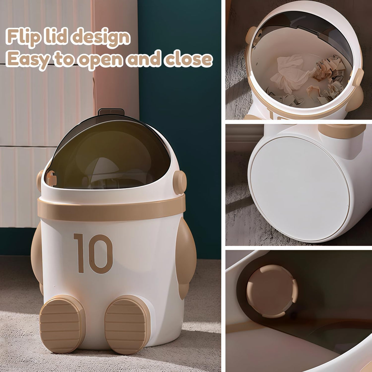 Sylfaen Astronaut Trash Can, 3.3Gal Cute Garbage Can with Swing Lid, Khaki