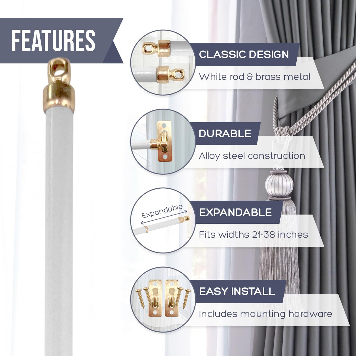 Amazing Drapery Hardware White Swivel Sash Curtain Rods, Set of 4