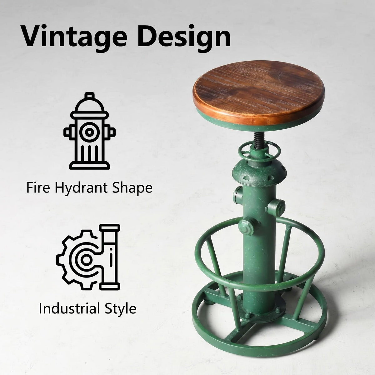 Topower Vintage adged Green Fire Hydrant Bar Stool, Solid Wood Seat, Industrial Bar Chair for Home Cafe Pub