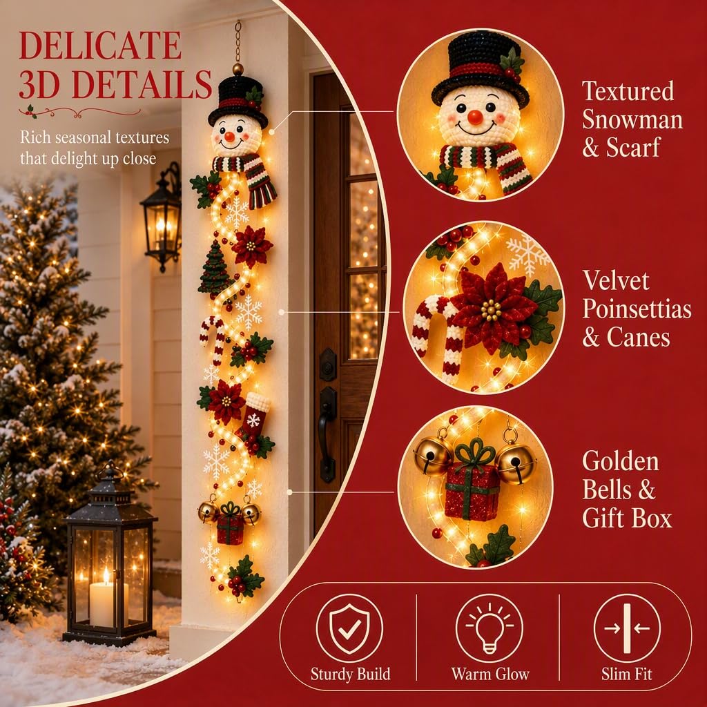 Illuminated Snowman Christmas Door Hanger, Warm Led Lighted 3D Dimensional Holiday Hanging Decor, for Front Door, Porch Column, Wall, Window & Covered Outdoor Entryway，A