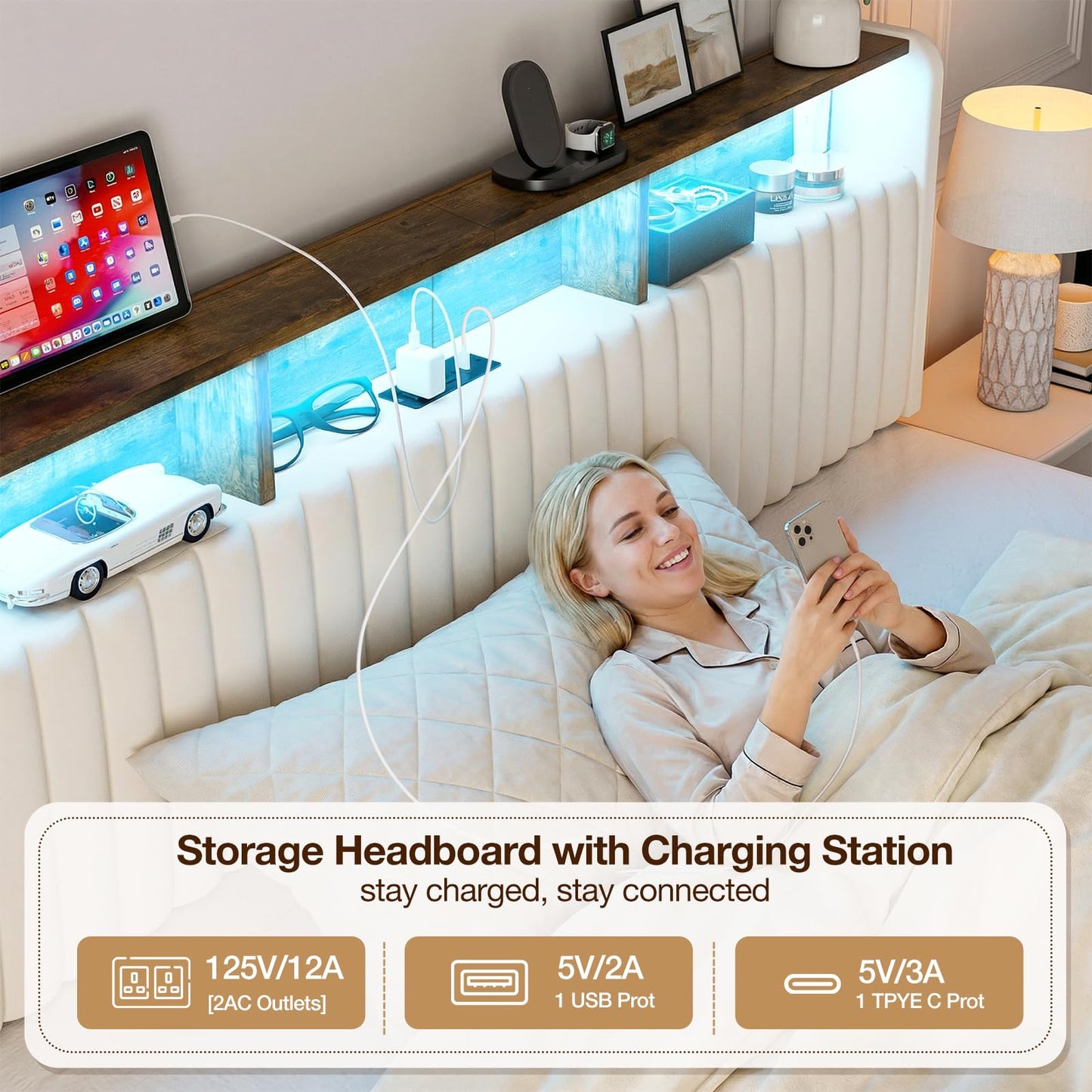 IKIFLY California King Size Storage Headboard Only, Adjustable Height, Velvet Upholstered Head Board with LED Lights & Charging Station, Easy Assembly, Modern Freestanding Headboard, White