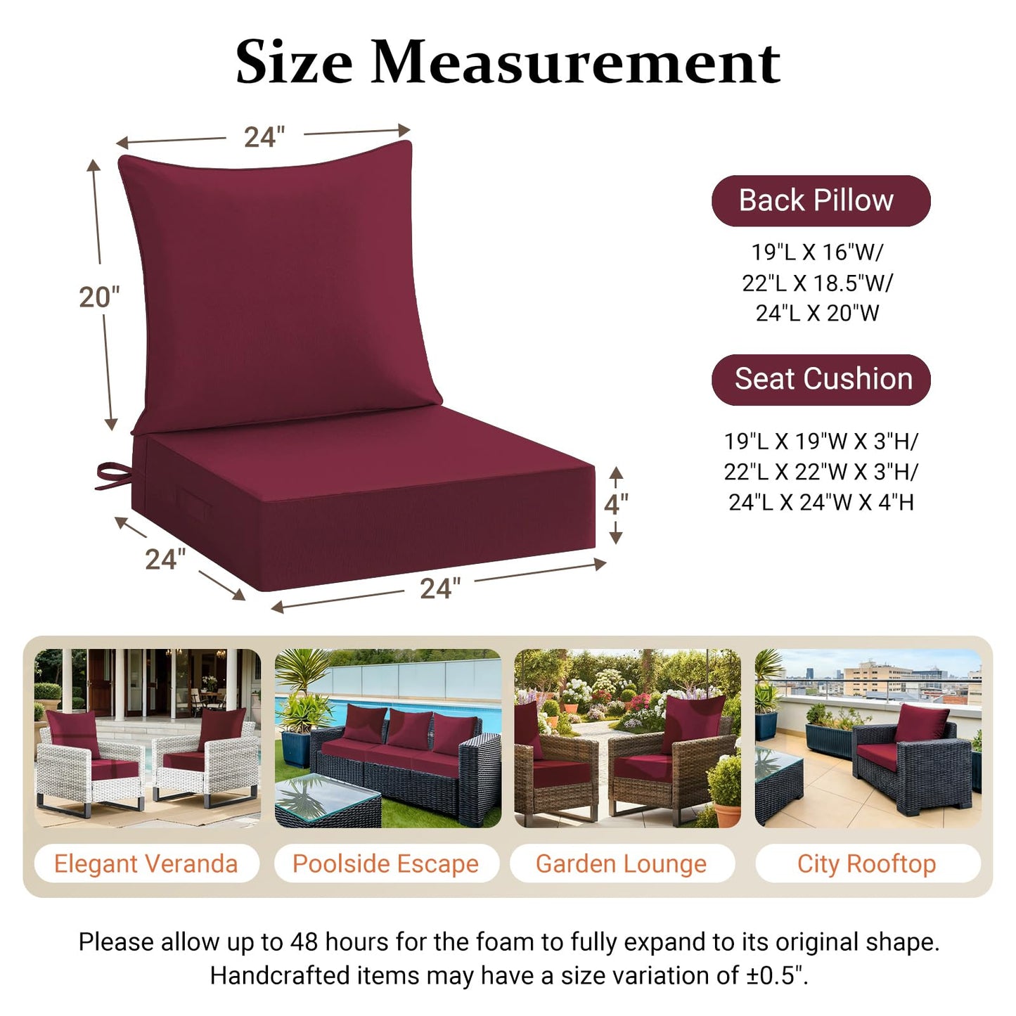 downluxe 24x24 Outdoor Chair Cushions, Waterproof Fade Resistant Patio Furniture Cushions with Handle & Removable Cover, Deep Seat Outdoor Cushions for Sofa, Couch and Patio Chairs, Burgundy