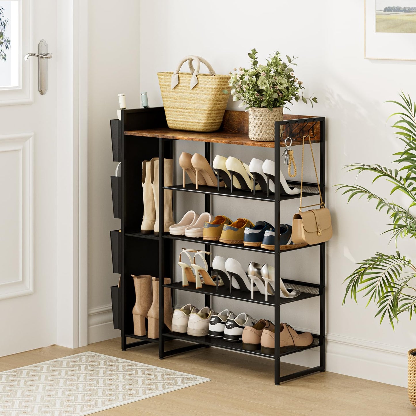 Brown 5-Tier Shoe Organizer - Free Standing Shoe Rack with Storage Bag for High Heels, Entryway, Hallways, Closets, Dormitory Rooms