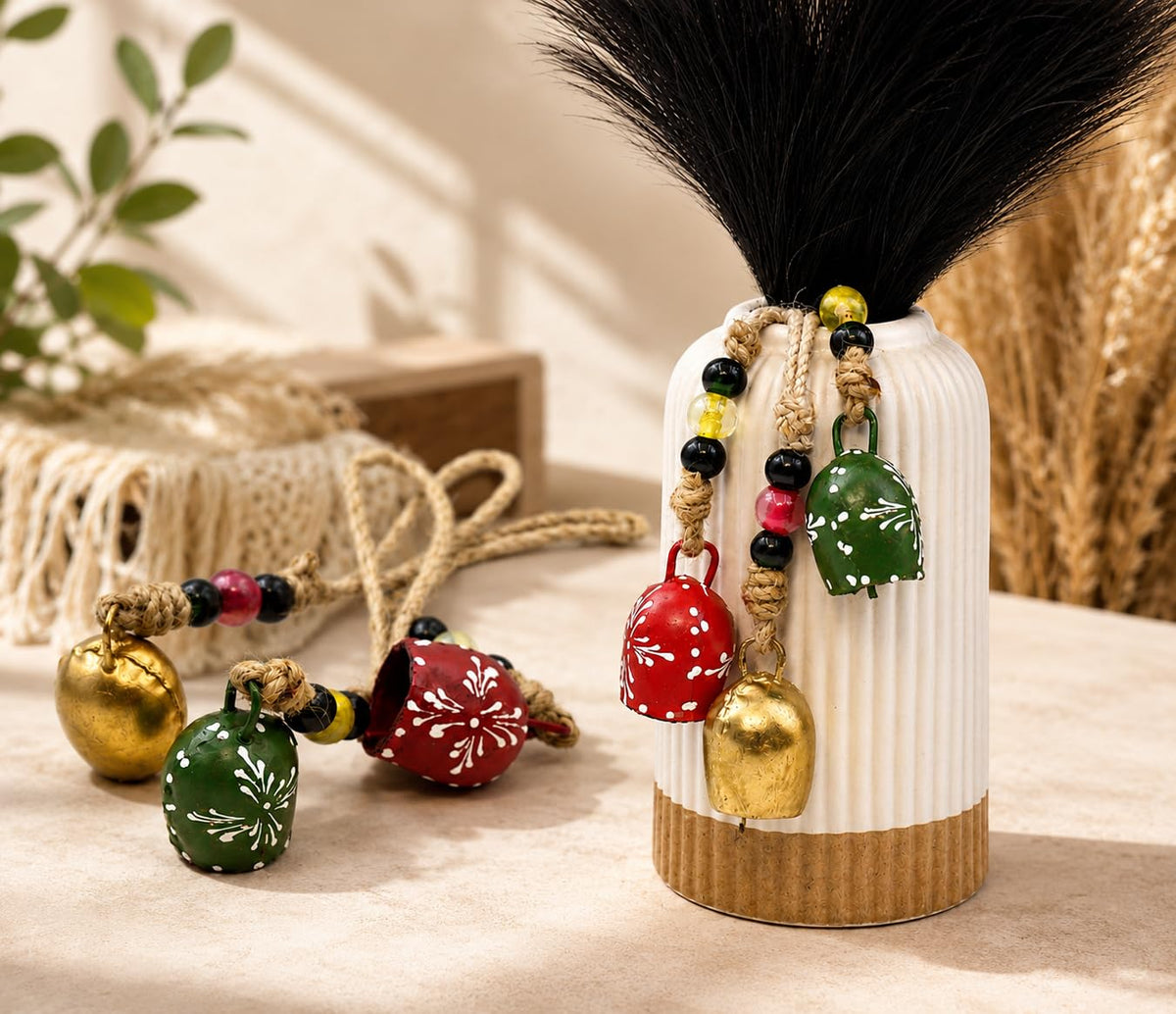 TA DIZAYN Handmade Decorative Bells, Gold Finish, Jute Rope, Rustic Style, Wall Hanging Decor, Door Knob, Wiccan Gifts for Home Wall Door (Beaded String Decorative Bells)