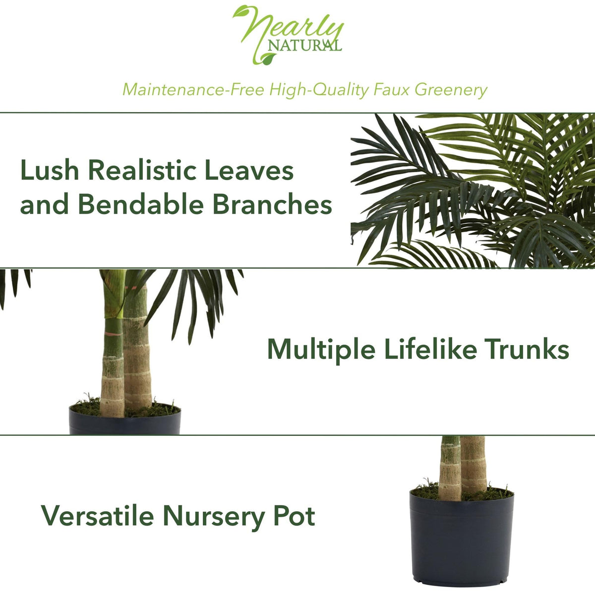 Nearly Natural 4 ft Artificial Golden Cane Palm Tree with Nursery Pot