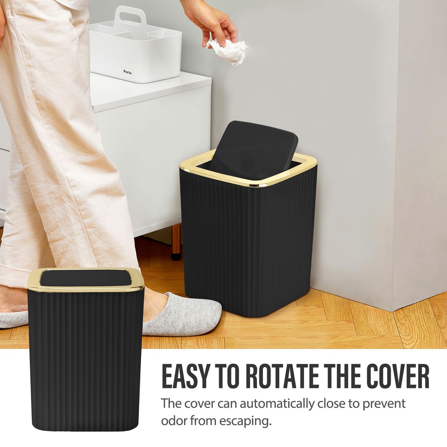 Bathroom Accessory Set, Shower Curtain Set, Toilet Brush, Trash Can & Soap Dispenser (Black Gold, Plastic)
