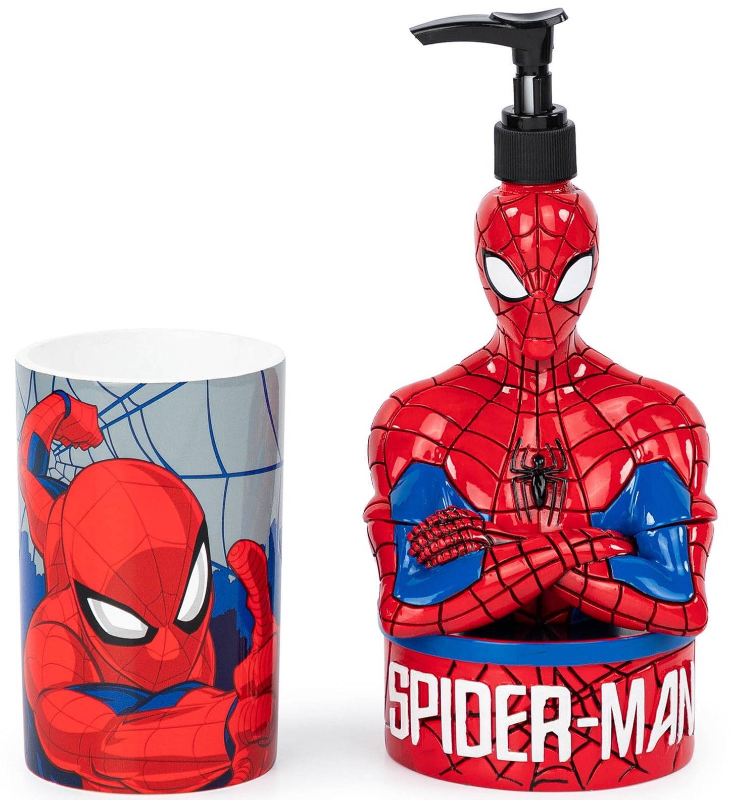 Jay Franco Marvel Spiderman 2 Piece Set - Red & Blue Soap Dispenser & Tumbler Set - Kids Resin Superhero Bathroom Accessories