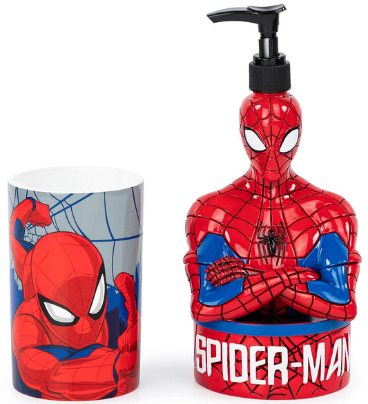 Jay Franco Marvel Spiderman 2 Piece Set - Red & Blue Soap Dispenser & Tumbler Set - Kids Resin Superhero Bathroom Accessories