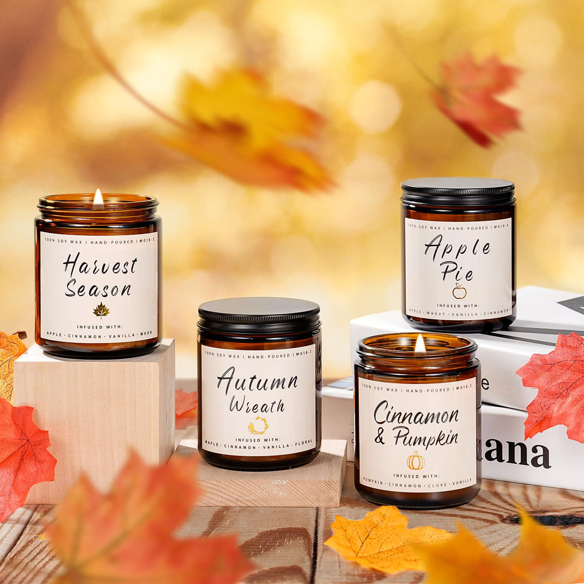 Auelife Fall Candle Set | 4 Pack Scented Candles for Home - Candle Gifts for Women Men, Soy Candles Home Scented | Autumn Fragrance of - Apple Pie/Cinnamon/Harvest/Wreath