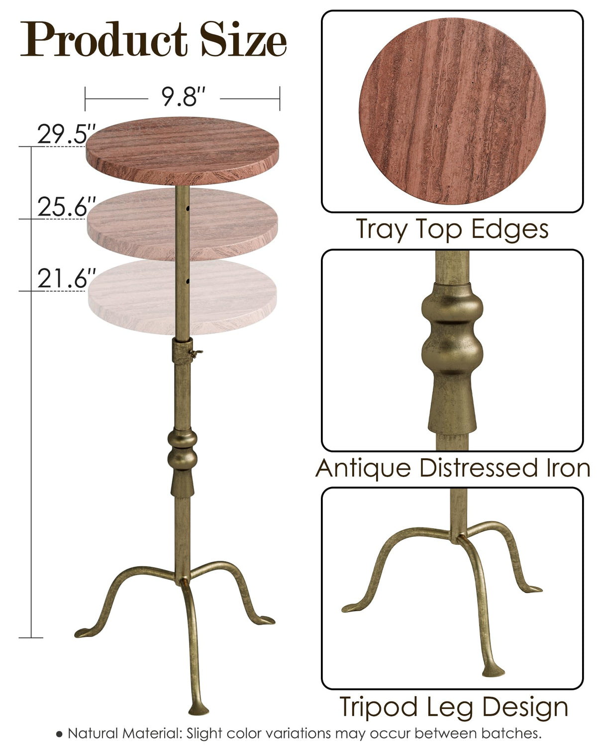 Adjustable Height Round Pedestal Table - 10x10x22-30 Inch, Red Travertine