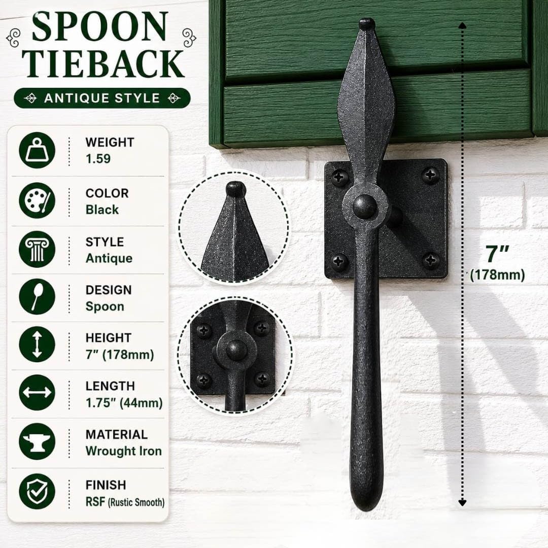 Renovators Supply Manufacturing Shutter Dogs 7 in. Black Spoon Shaped Wrought Iron Shutter Dogs with Mounting Hardware Pack of 6