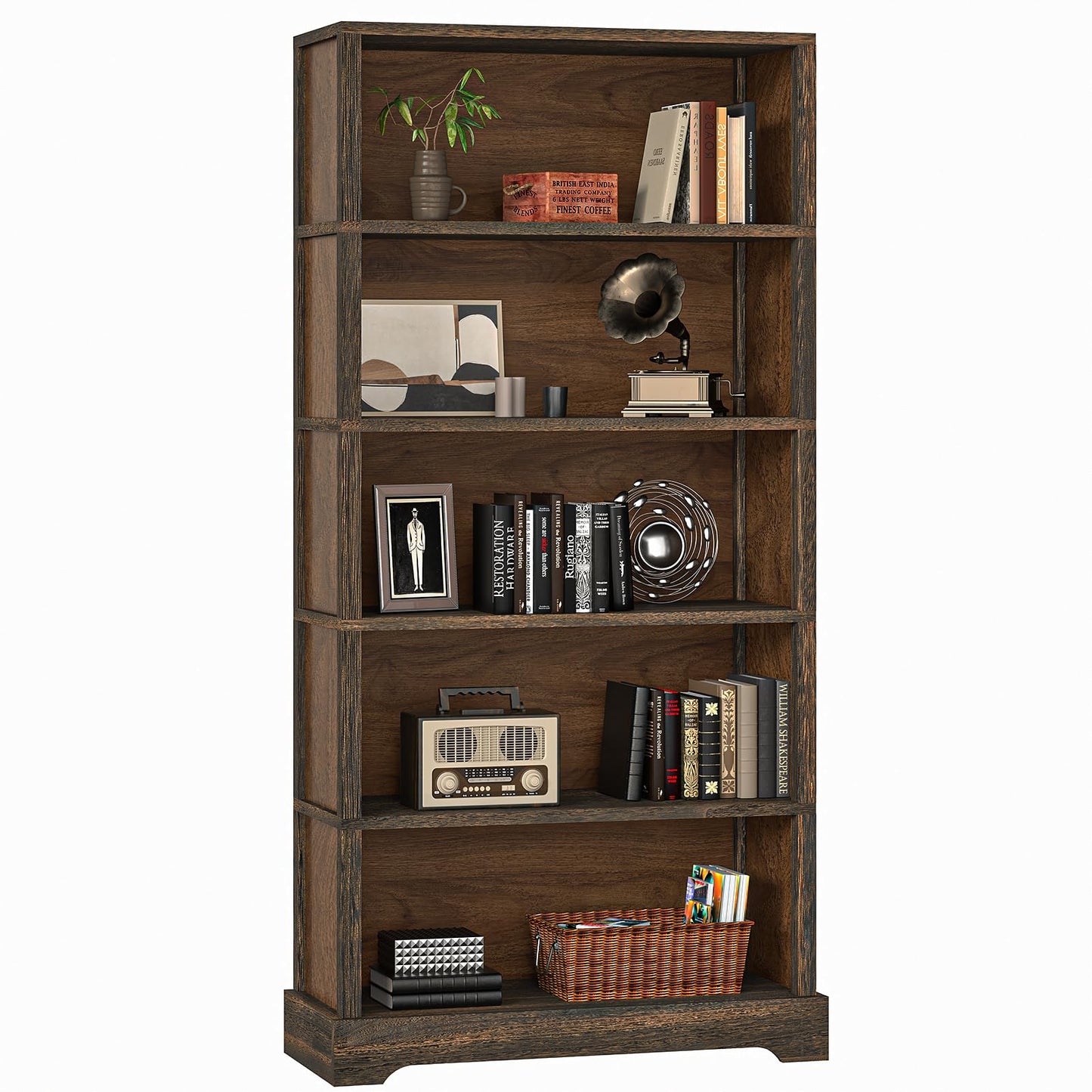 TVU 5-Tier Solid Wood Book Shelf, Floor Standing Bookcase, 65" H × 31.5" W × 11.8" D Bookshelf, Farmhouse Style Book Case with Arched Base, Suitable for Living Room, Study, Office, Walnut
