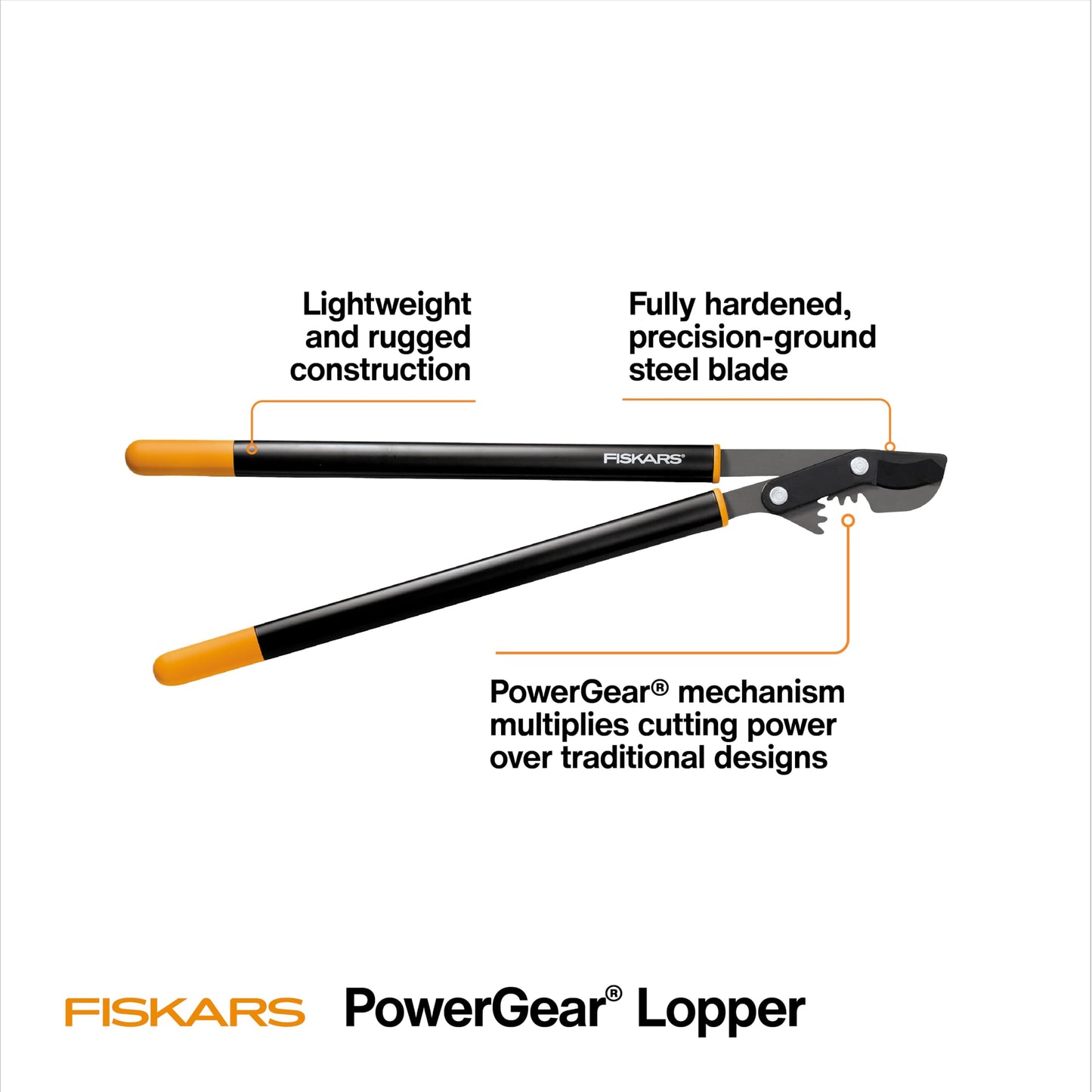 Fiskars 32" PowerGear Bypass Loppers, Patented Mechanism Multiplies Force to Reduce Strain, Heavy-Duty Precision-Ground Steel Blade for Living Growth, Trims Tree Branches up to 2" Diameter