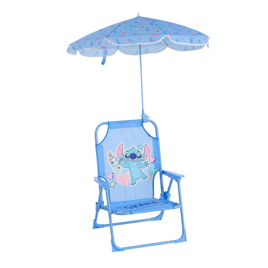 Disney Stitch Kids Beach Chair with Umbrella,Foldable Portable Toddler Chair with Armrests, Locking Mechanism & Sun Shade