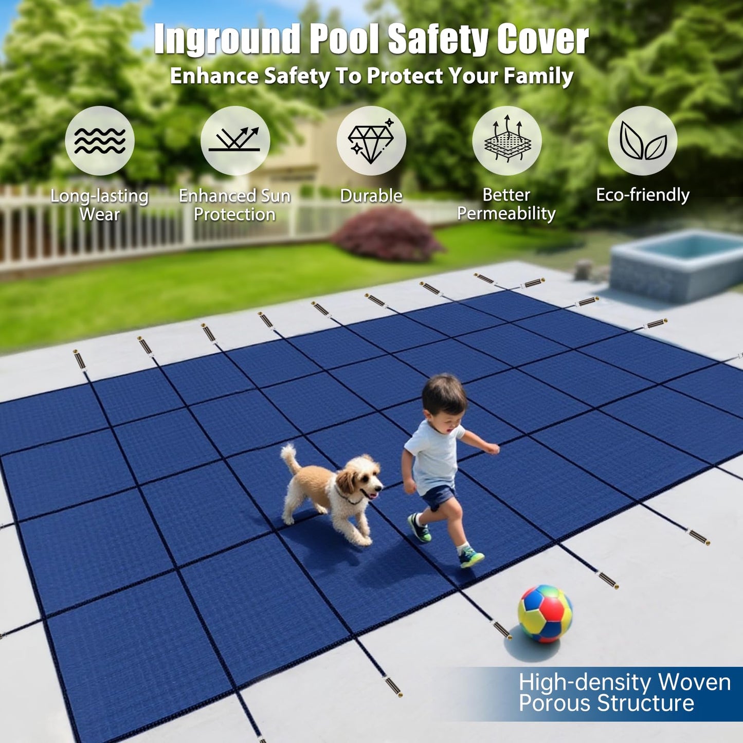 Inground Pool Safety Covers, Rectangular Winter Pool Cover for Swimming Pools, High Strength Mesh PP, Included Installation Tools (Blue, Fit 16x32ft Pools)